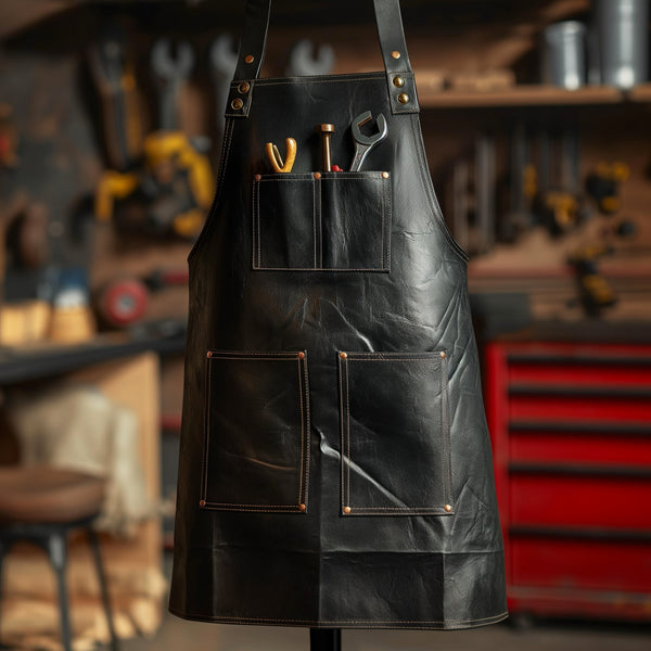 Black Leather Mechanic Apron with Utility Pockets